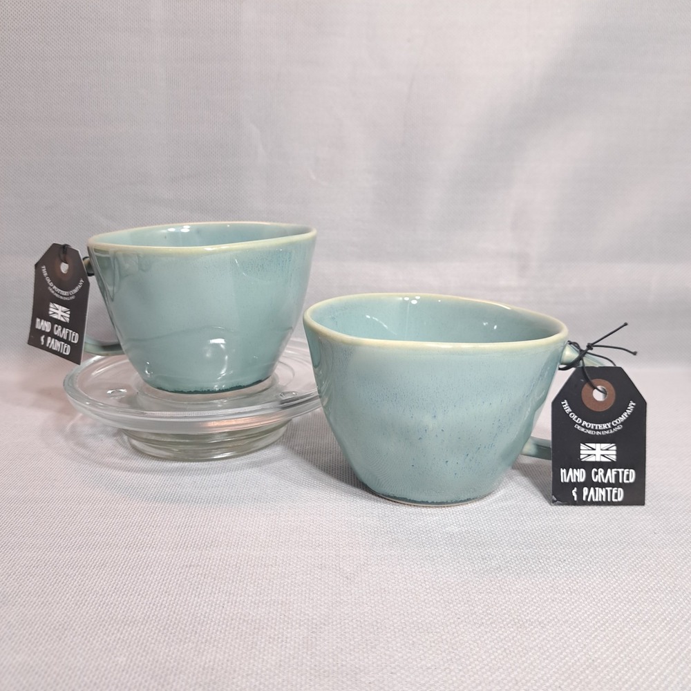 Set of 2 The Old Pottery Co Mint Green Mugs Hand Painted Crafted
